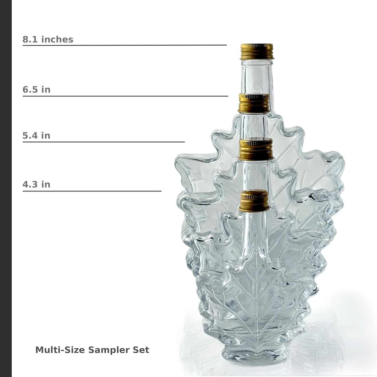 North Mountain Supply Glass Maple Syrup Bottles – Reusable Leaf Shaped Glass Bottles with Gold Metal Lids – Multi-Size Sampler Set (4 Bottles)