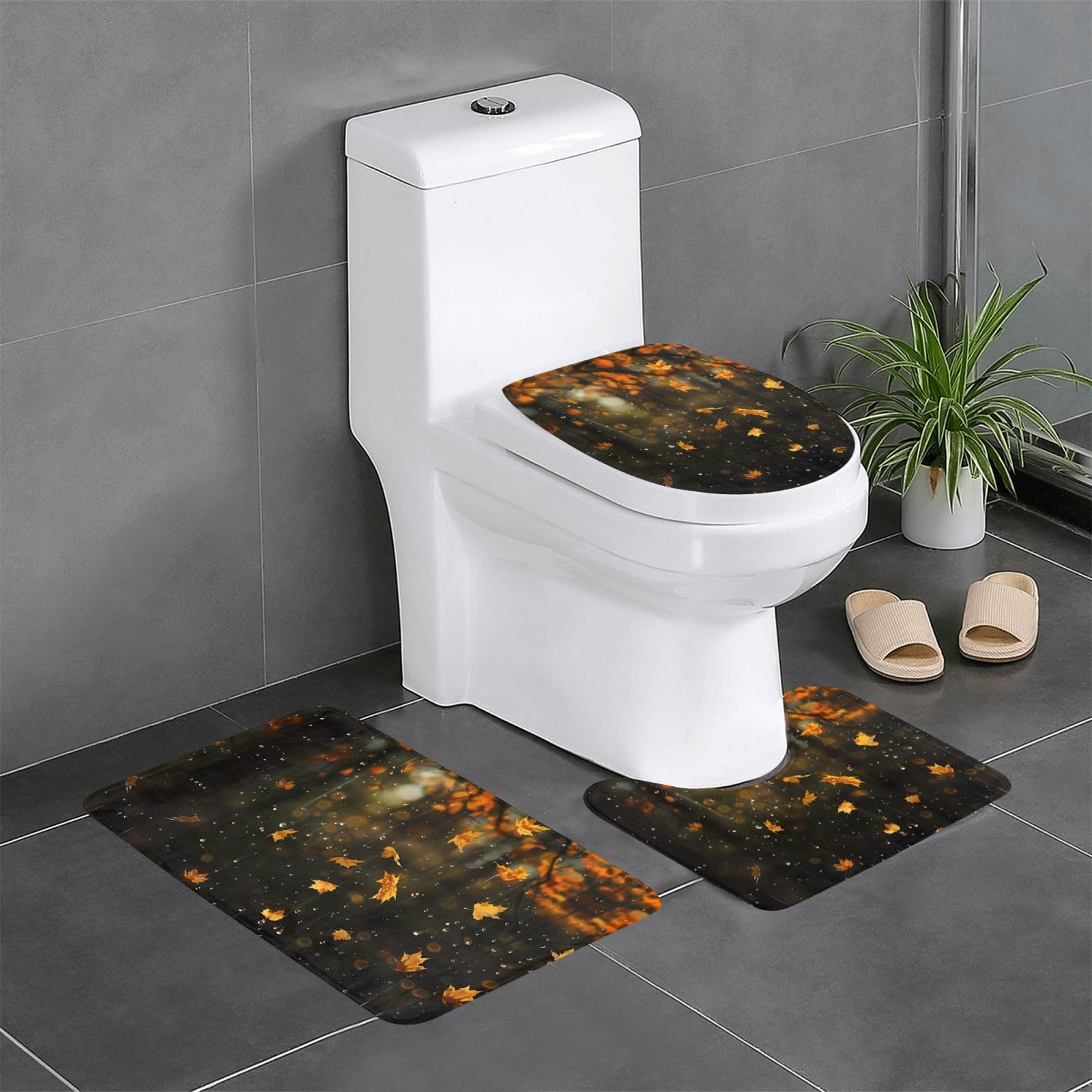 Tapis antidérapants lot de 3 rectangulaire U et ovale motif feuilles 61x40cm