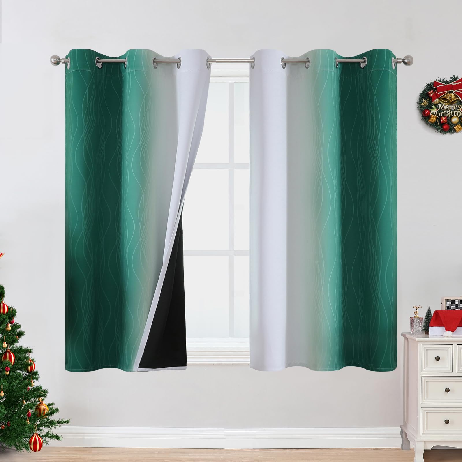 Estelar Textiler Green and Greyish White Ombre Blackout Curtains 45 Inch Length 2 Panels, Full Room Darkening Gradient Drapes for Bedroom, Thermal Insulated Grommet Short Curtains for Bathroom,42Wx45L