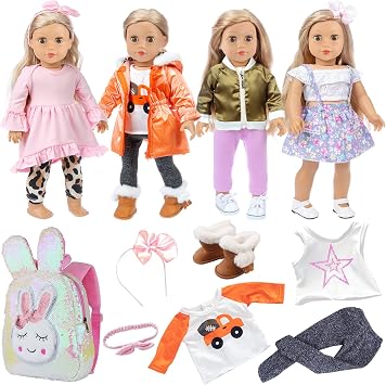 Ecore Fun 4 Sets 18 Inch Doll Clothes with Shoes Hairband Backpack for Kids | Includes 4 Outfits, 1 Shoes, 2 Hair Bands,1 Easter Bunny Backpack; Fits Standard 18" Dolls; Soft Fabric; Doll Not Included
