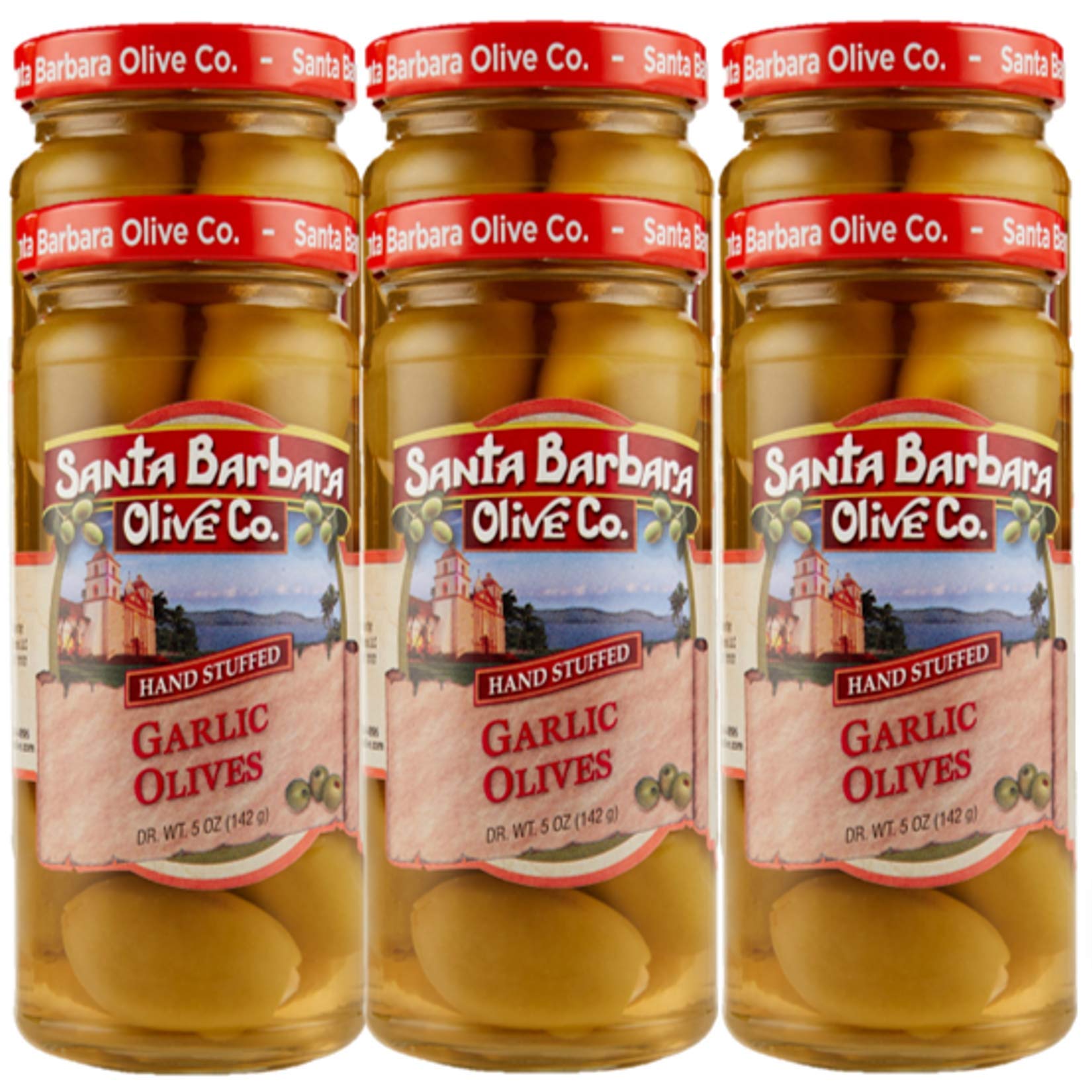 SANTA BARBARA OLIVE COPremium Individually Hand Stuffed Cocktail Olives | (5oz jars) (Garlic Stuffed) (Pack of 6)