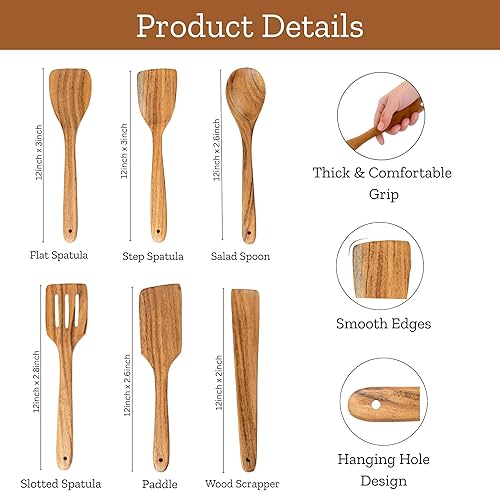 Miniatura 4 de Mie Creations Juego de 6 espátulas de madera de acacia para cocinar, 6 utensilios de cocina de madera para sartenes antiadherentes y utensilios de