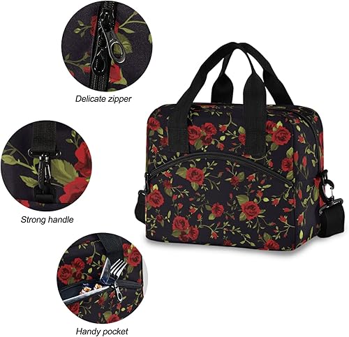 Miniatura 5 de ALAZA Lonchera con aislamiento floral de rosas rojas, bolsas enfriadoras reutilizables con correa para el hombro para mujeres, hombres y adultos, 19