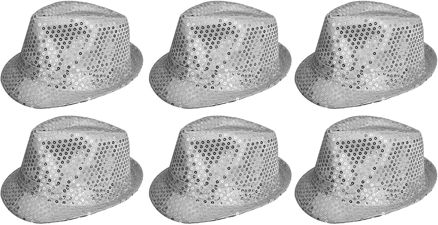 6 X Sequin Trilby Hat In Red, Black, Silver, Gold, Purple, Green Or Pink Fancy Dress Accessory Fedora Hats Bulk Gangster 1920'S Mens & Ladies (Silver)