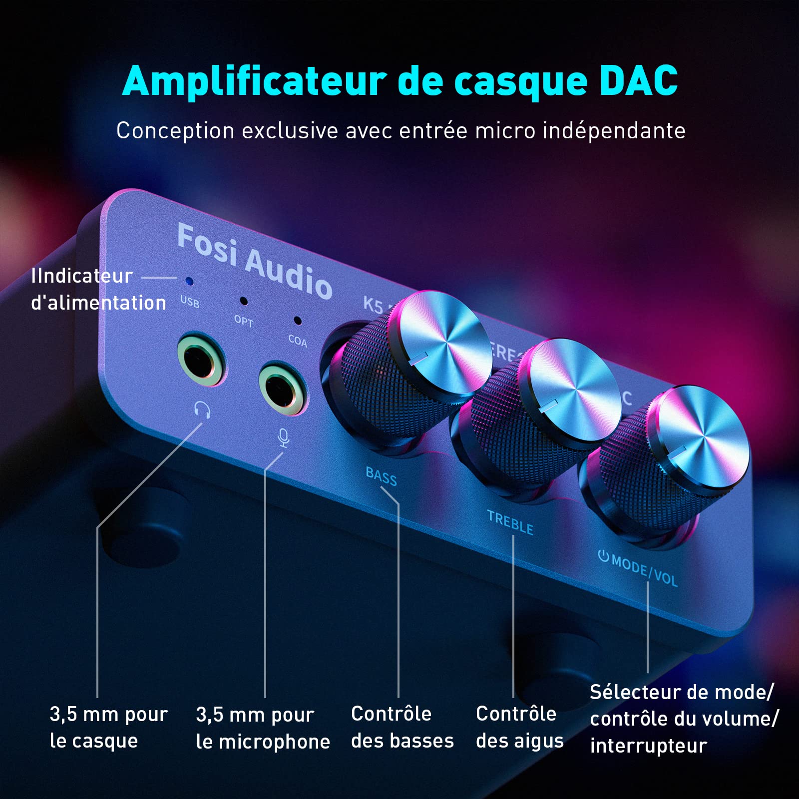 Fosi Audio K5 Pro Amplificateur Casque USB C DAC HiFi, Entrées USB/Optique/Coaxiale/Microphone vers Sortie AUX/RCA 3,5 mm, Ampli DAC de jeu Haute Résolution pour PS5/PC/MAC/Haut-Parleurs Actifs