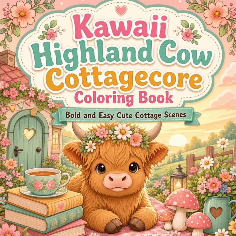 Kawaii Highland Cow Cottagecore Coloring Book: Bold and Easy Cute Cottage Scenes