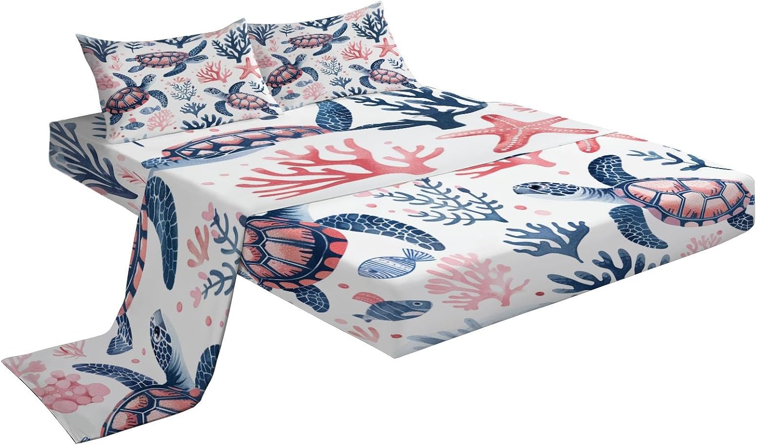 Print Fitted Sheet Set Queen Size for Kids Boys Girls, White Bed Sheets Watercolor Turtle Plant Pattern Fitted Sheet Adults Flat Sheet Soft Luxury, Home Room Decor 4Pcs