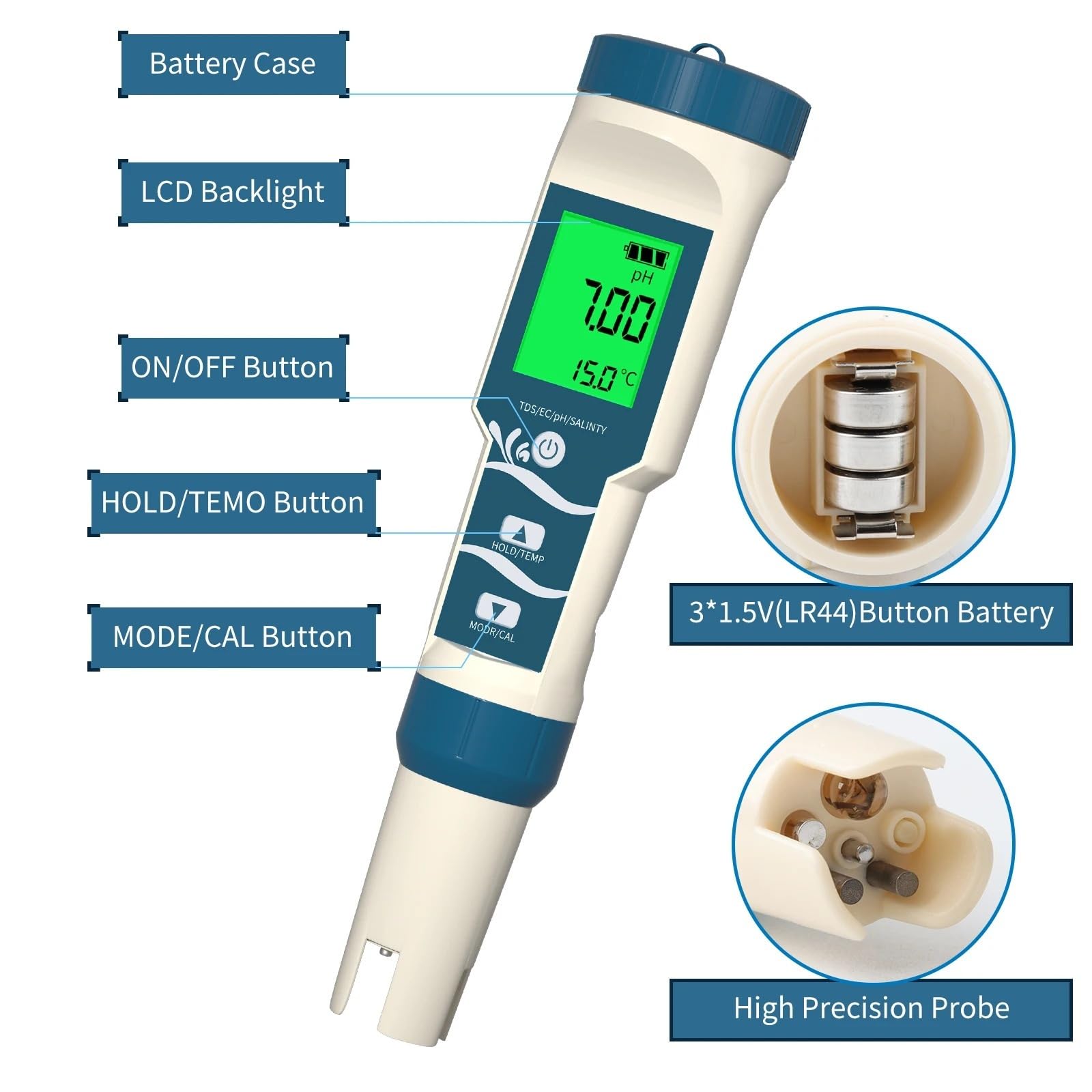 Misuratore digitale di pH/ORP/Temp/H2 for acqua Ppb Ppm con risoluzione ATC 0,01, tester idrogeno ad alta precisione for piscine potabile,Multifunzionale