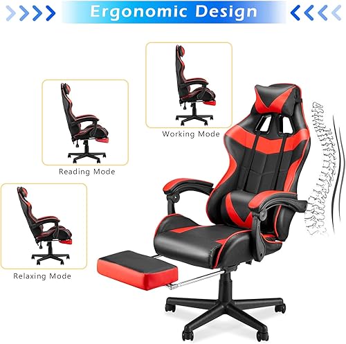 Miniatura 5 de Soontrans Sillas rojas para juegos con reposapiés, silla ergonómica para juegos de computadora, silla de escritorio de oficina en casa con