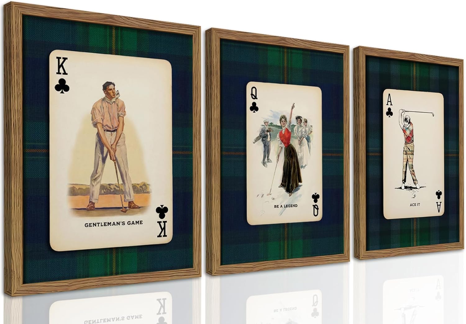 Framed Vintage Golf Wall Art Set of 3, Navy Plaid Playing Card Prints, Retro Classic Golfer Canvas Wall Decor, Preppy Americana Sports Painting Picture for Living Room Home Office 12x16 inch