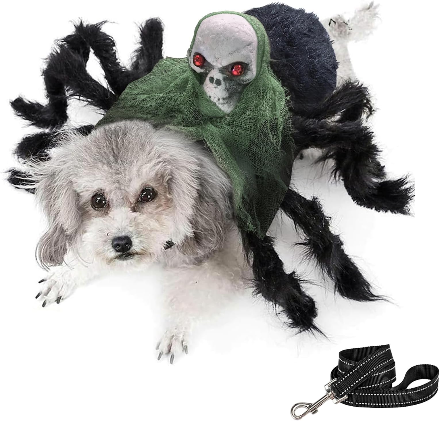 Idepet Halloween Dog Costumes, Spider Pet Costume with Leash Funny Holiday Cosplay Clothes Halloween Skull Dress Up Decorations for Dogs Cats (Green Skull, Large)
