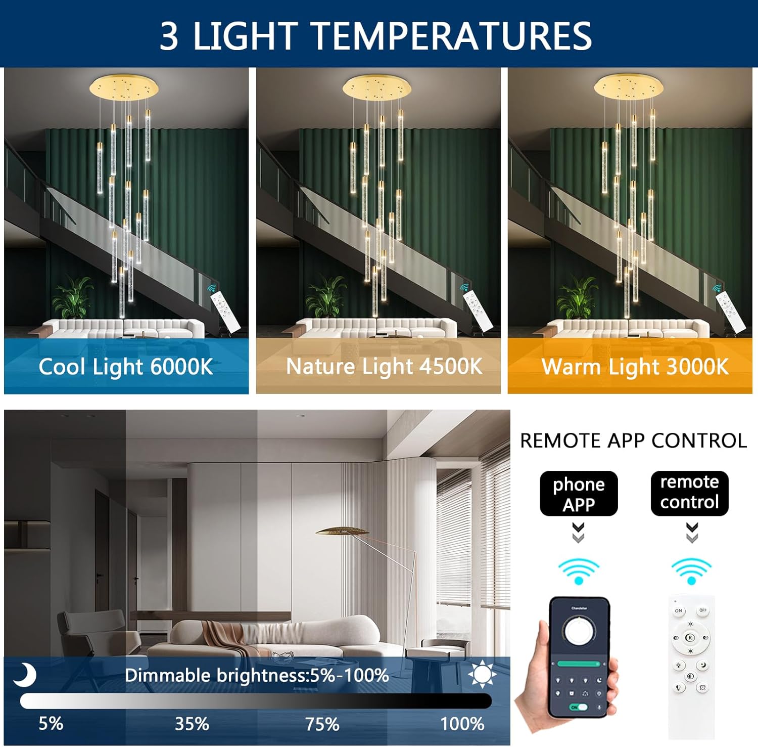 Modern Chandelier for Staircase Modern LED Chandelier Crystal Chandelier Dimmable Pendant Lights for High Ceiling Chandelier Light Fixture