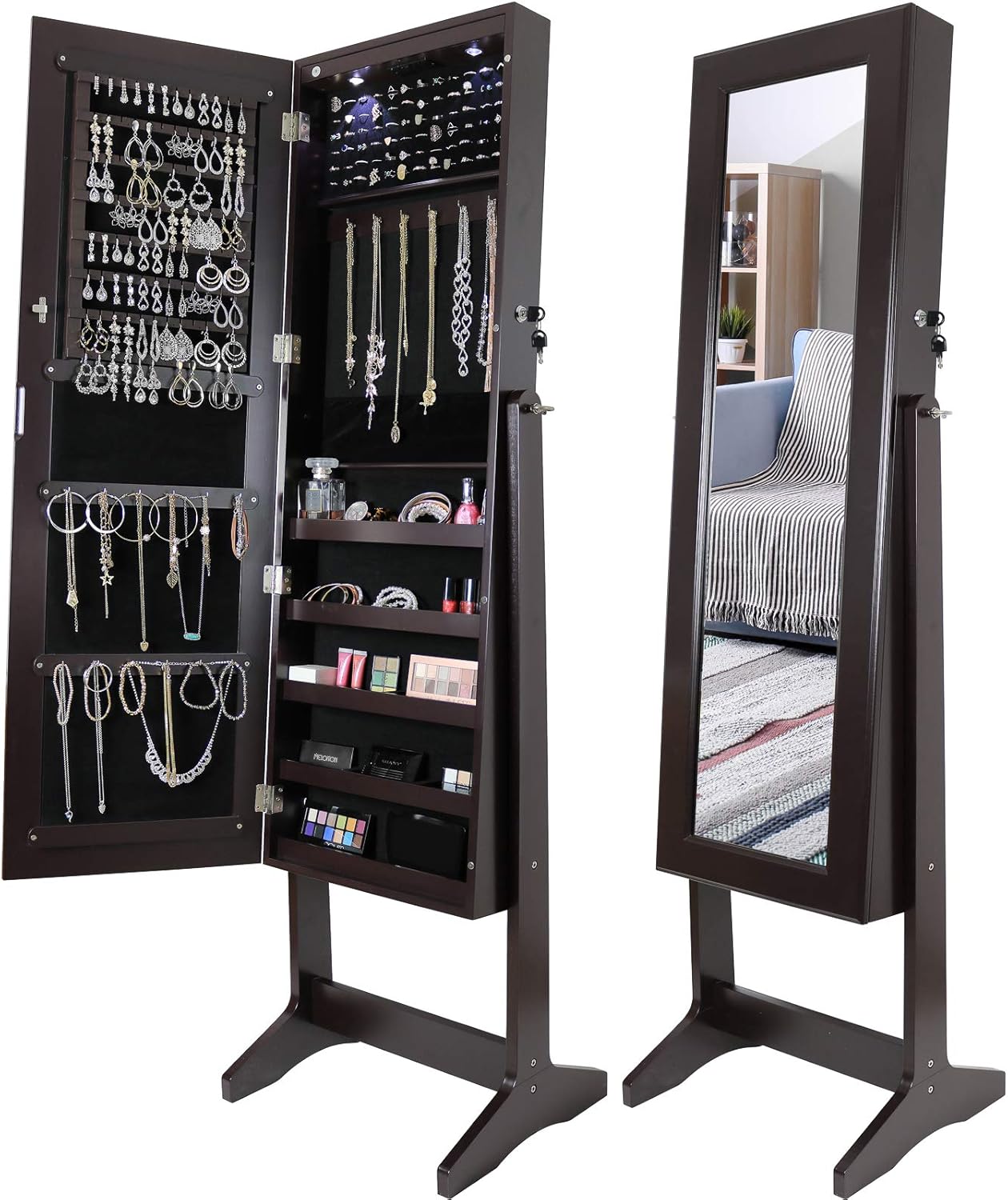 Greenco Free Standing Jewelry Organizer Armoire with Large Mirror and Led Lights, Lockable