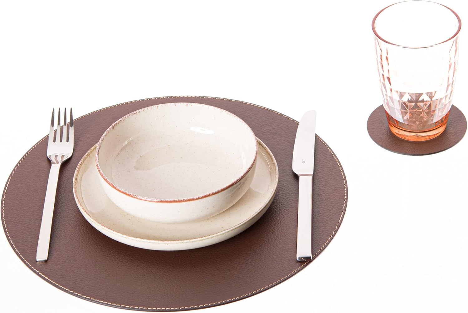 Nikalaz Set of Small Round Brown Placemats and Coasters, 4 Table Mats and 4 Coasters, Place mats 12.99 inches, Recycled Leather (Brown)