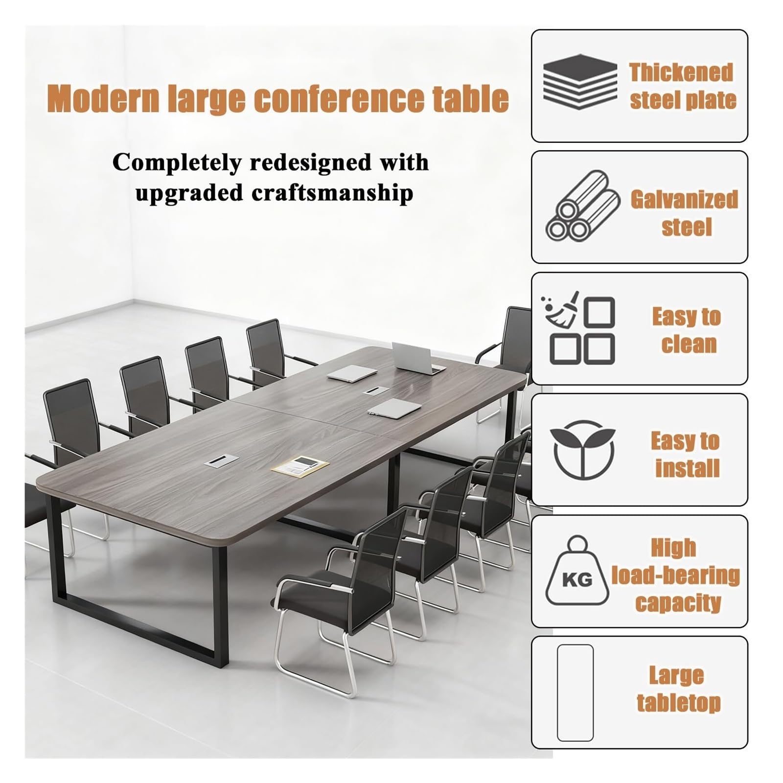Mesa de conferencias rectangular grande moderna de metal para reuniones y asientos de entrenamiento, 4-6, 300 x 100 x 74 cm, ideal para espacios profesionales y trabajo colaborativo
