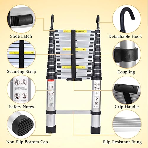 Miniatura 21 de Escalera telescópica de aluminio de 12.5 pies, escalera extensible con 2 ganchos desmontables, diseño de bloqueo de seguridad portátil y ligero