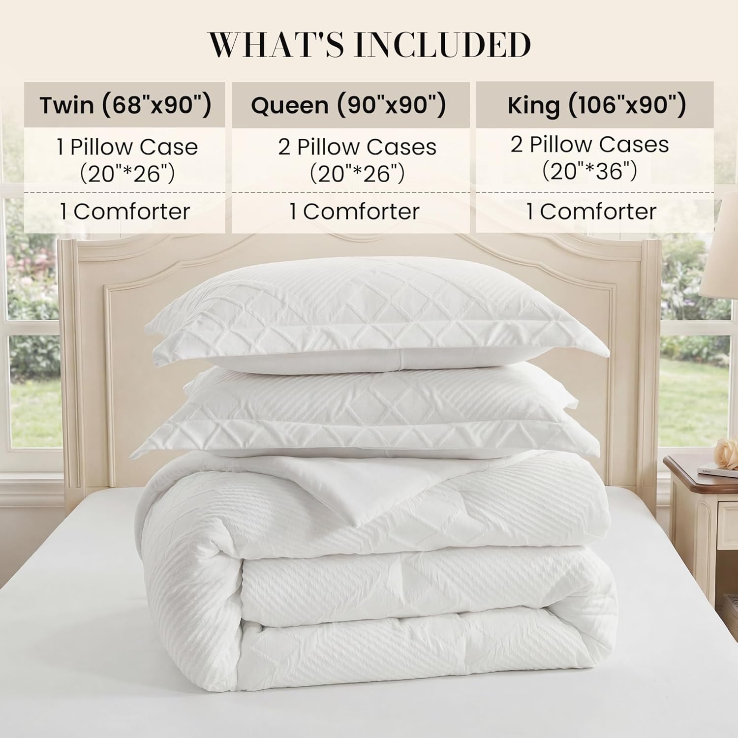Amélie Home King Comforter Set, 3 Piece White Jacquard Bedding Set with 2 Pillow Cases, Soft Microfiber Diamond Design, Lightweight All-Season for Bedroom & Dorm