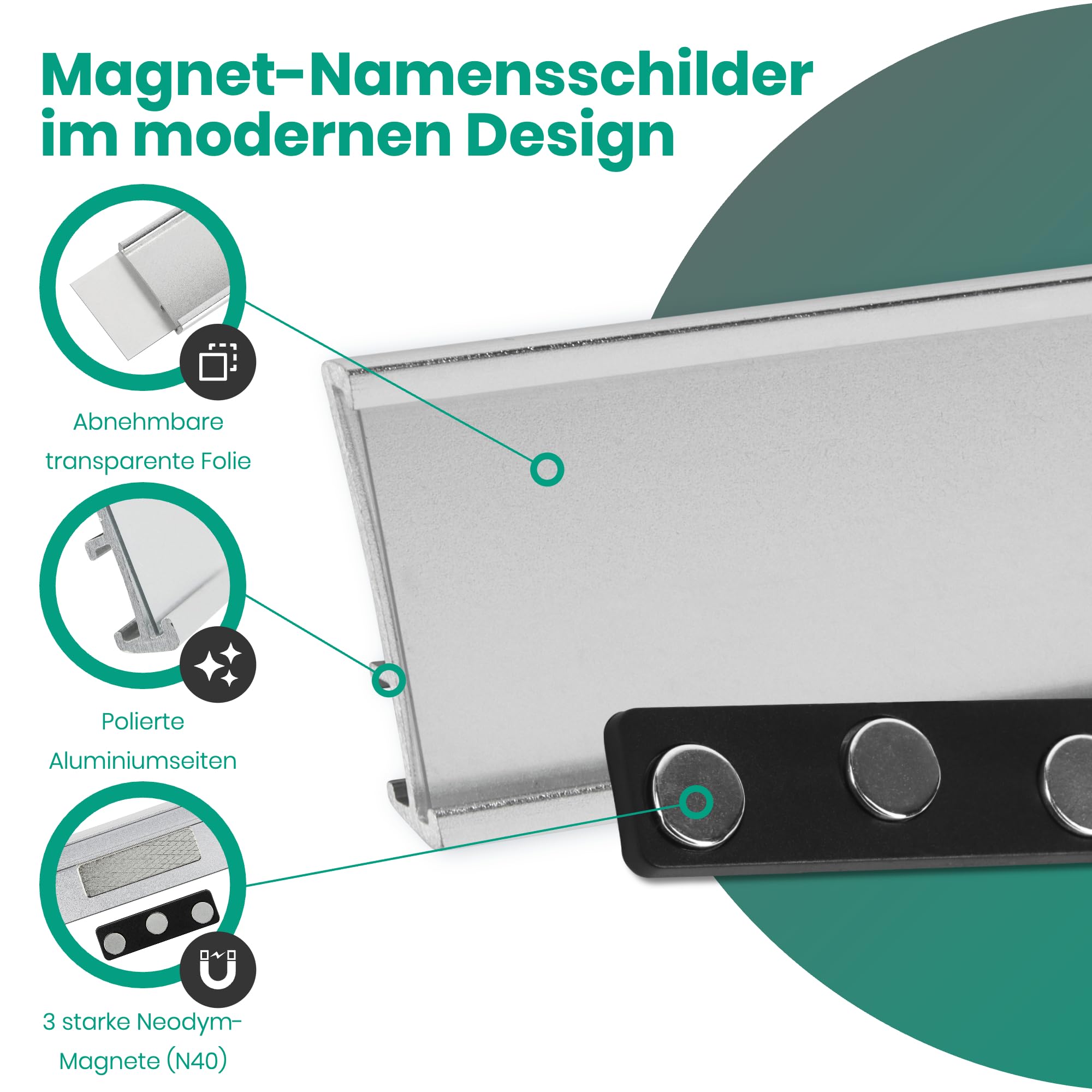 Namensschild Magnetisch - 20 Stück - 3 Starke N40 Neodym-Magnete - Perfekt für Messen & Konferenzen - Hochwertig Aluminium Namensschilder für Kleidung - Inkl. Handlicher Druckvorlage - 72x31mm