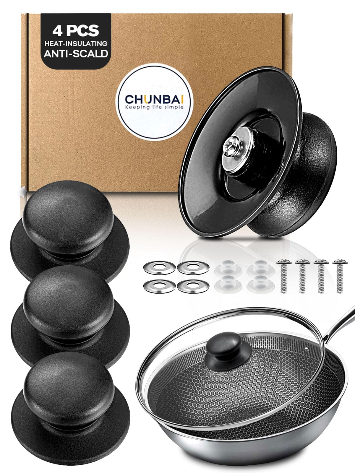 Set 4 Manopole Per Coperchio Pentola - Universali, In Bachelite Resistente Al Calore, Con Viti - Foto 6