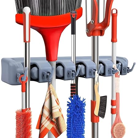 Broom Holder Wall Mounted, mop Holder for Wall, Broom Stick Holder Wall Mounted Stand, Storage Broomstick Brush Mount Organizer with Hanger Hooks (5 Slot 6 Hooks)- Grey