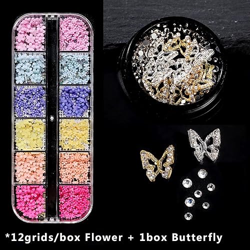 Miniatura 9 de Dijes de uñas de flores 3D, flor acrílica 3D, pétalo de flor blanca y rosa con perlas de perlas, aleación de metal dorado y plata con diamantes de