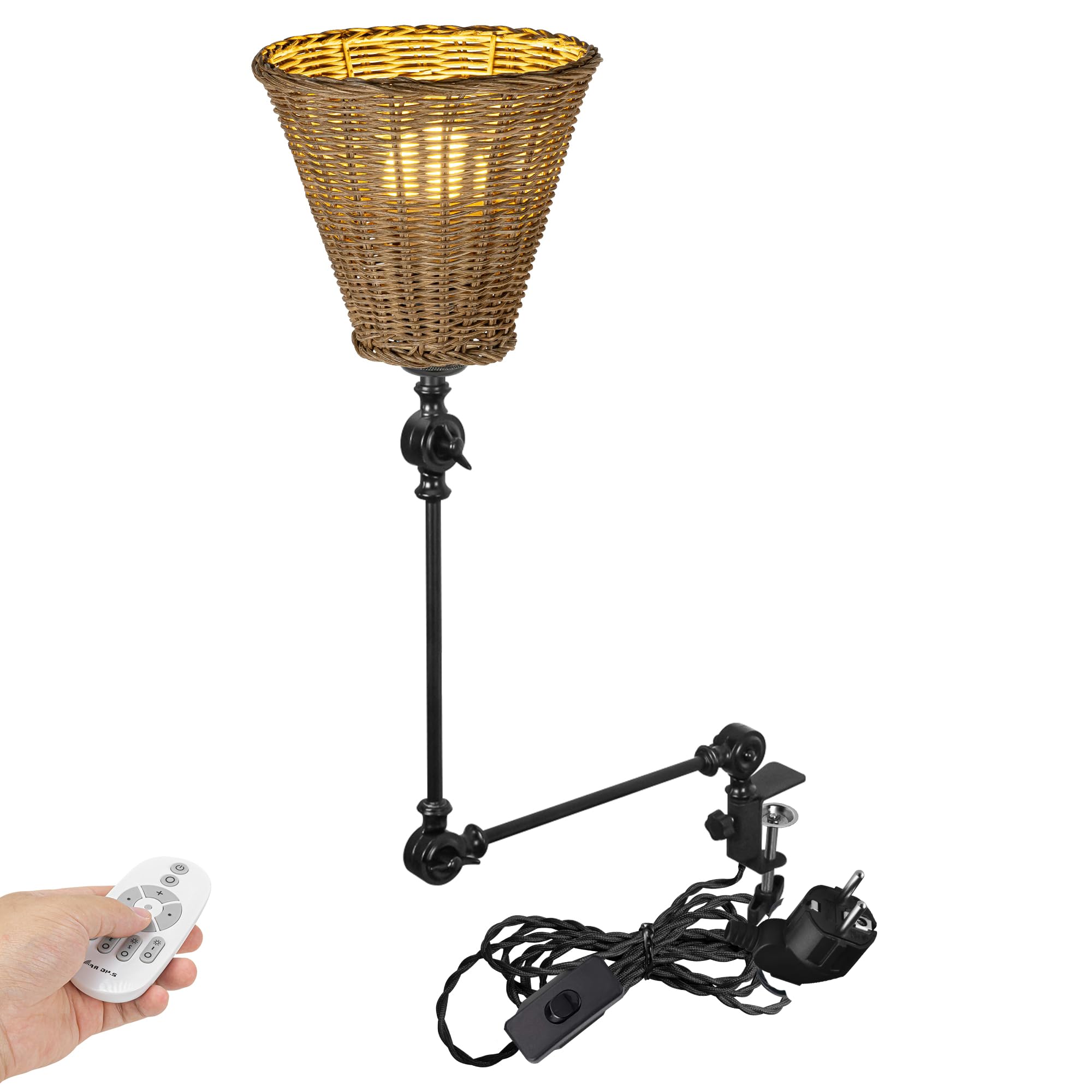 DZ0512 Lampada a morsetto industriale con cavo 2,5, telecomando, lampada da lettura regolabile, dimmerabile, lampada da comodino con braccio flessibile, per scrivania, comodino, libreria