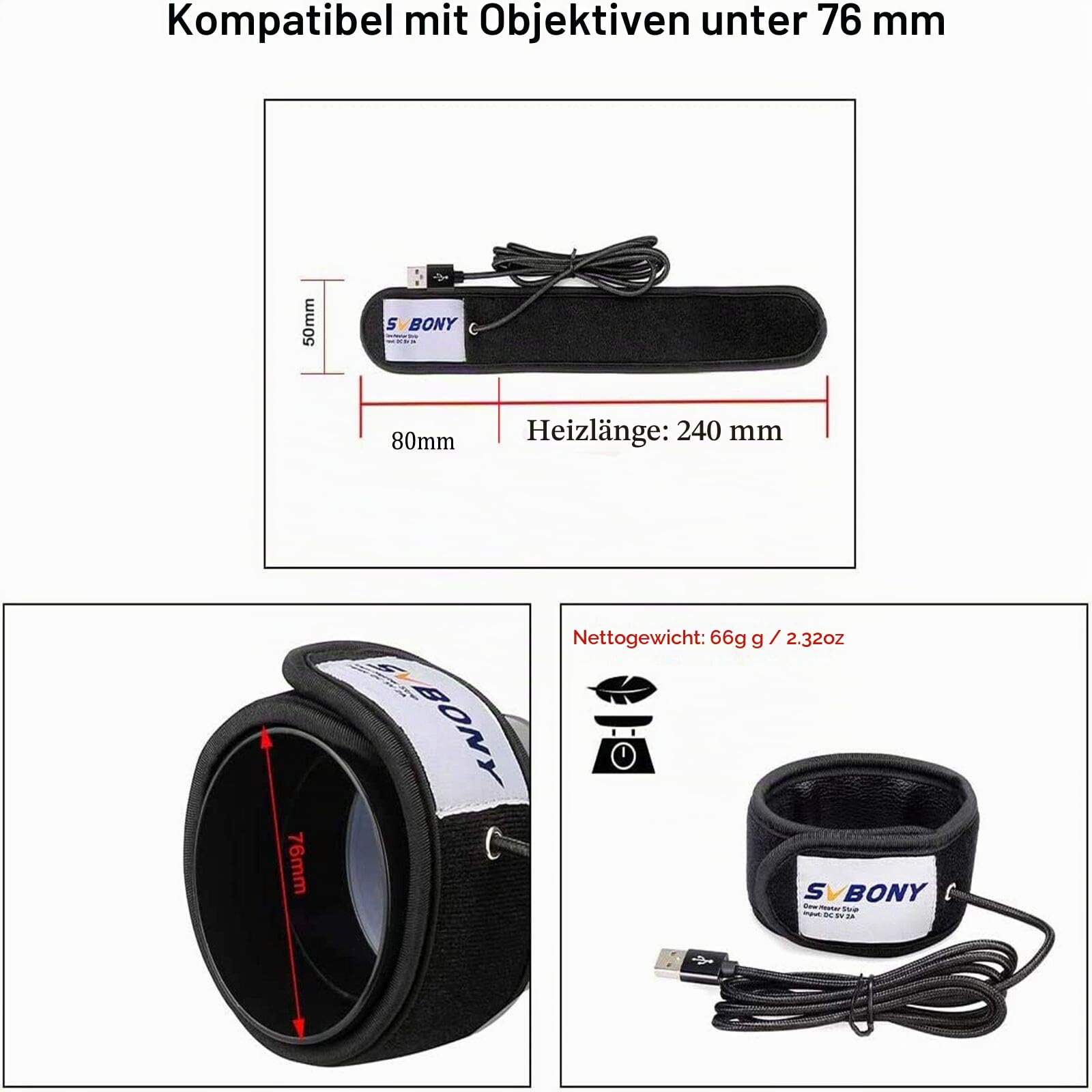 Svbony SV172 Objektiv Wärmer mit USB Temperaturregler, Objektiv Okular Heizung,240mm Anti Tau Feuchtigkeit Nebel Kamera Teleskop