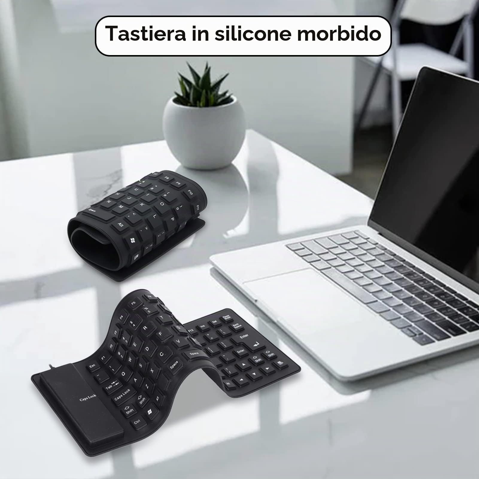 Agatige Tastiera in Silicone Impermeabile, 85 Tasti USB Cablata Tastiera Flessibile Portatile in Silicone Morbida e Silenziosa Tastiera Rollup per PC Laptop Notebook e Viaggio (Nero)