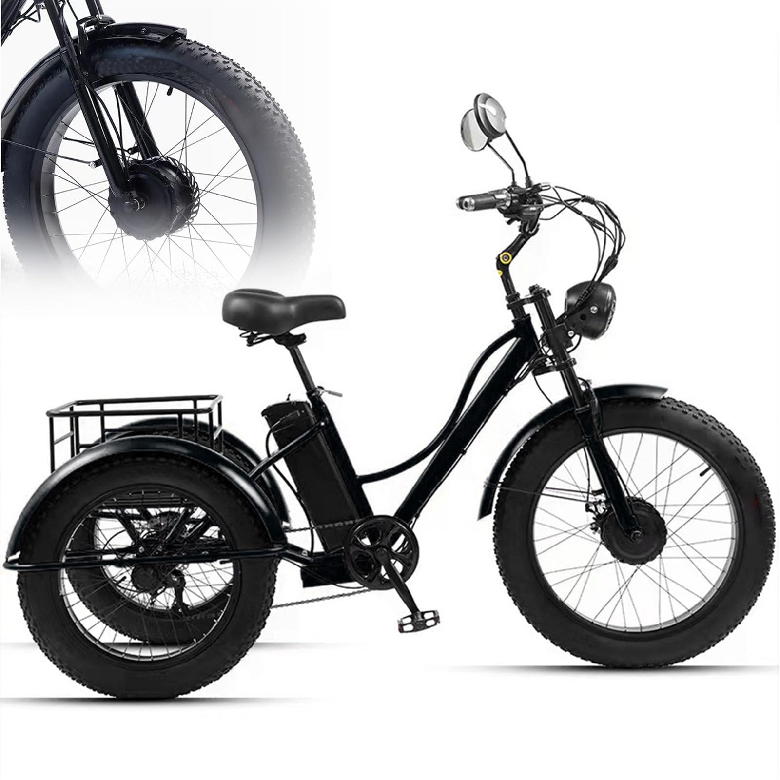 LRPMGZYoe Electric Tricycle For Adults 7 Speeds Electric Bike Fat Tire for Adults, 200kg Load Capacitay with Cargo Basket Elderly Exercise Shopping Comfortable Rides Black
