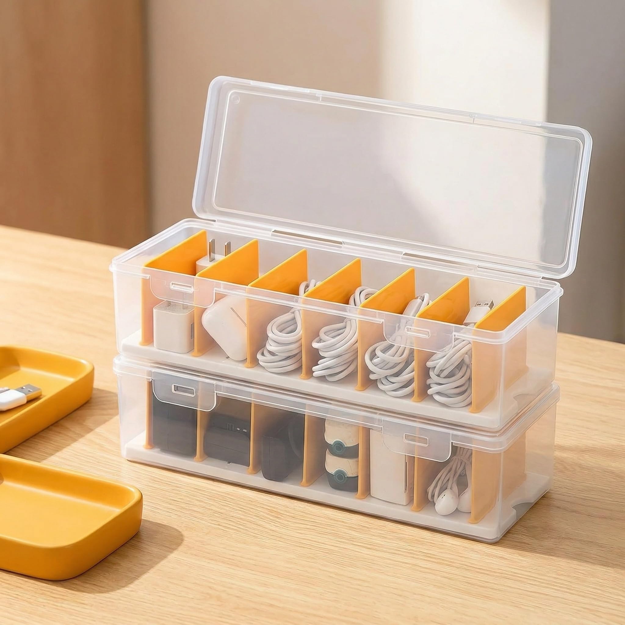 Xygobla 2 Pcs Cable Management Box with Lid,Transparent Cable Storage Box with 7 Compartment Data Tidy and 20 Cables Ties Reusable Cord Organiser Boxes for Charger Cords Organiser for Home,Travel