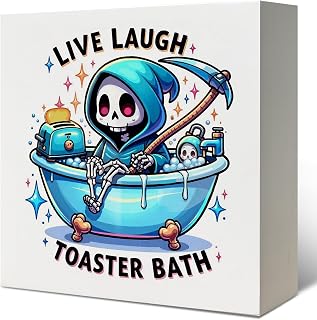 Live Laugh Toaster Bath Wooden Box Sign, Funny Bathroom Decor, Toaster Bath Bomb Funny Skeleton Wood Signs for Restroom Bathroom Toilet Half Bath Shelf Counter Decor, 5x5 Inch