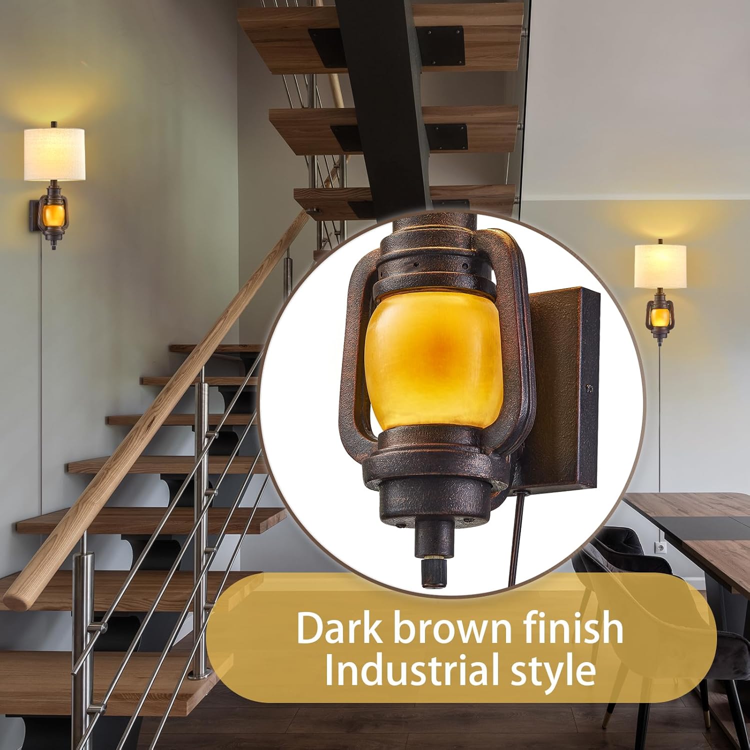 Wall Mount Lamp, Vintage Wall Lights with Plug in Cord - Dark Bronze Finish, Wall Sconce with Linen Fabric Shade and LED Nightlight for Living Room, Bedroom, Hallway and Home Office (Bulb Included)