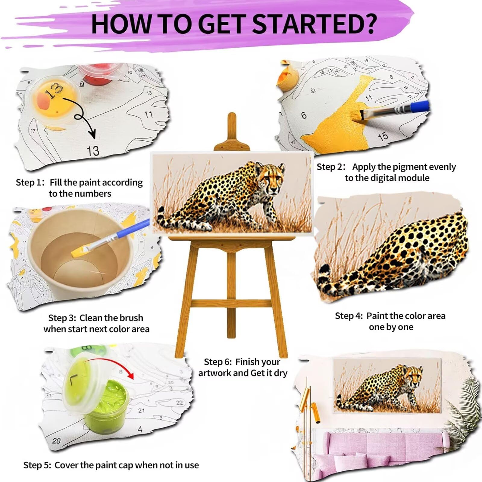 Malen nach Zahlen Kinder Tier Malen Nach Zahlen Erwachsene, Geschenke für Mädchen Junge Bastelset Set, Malen nach Zahlen Leopard | Malen nach Zahlen Ohne Rahmen, (60x120cm) Bastelset Erwachsene 8-T