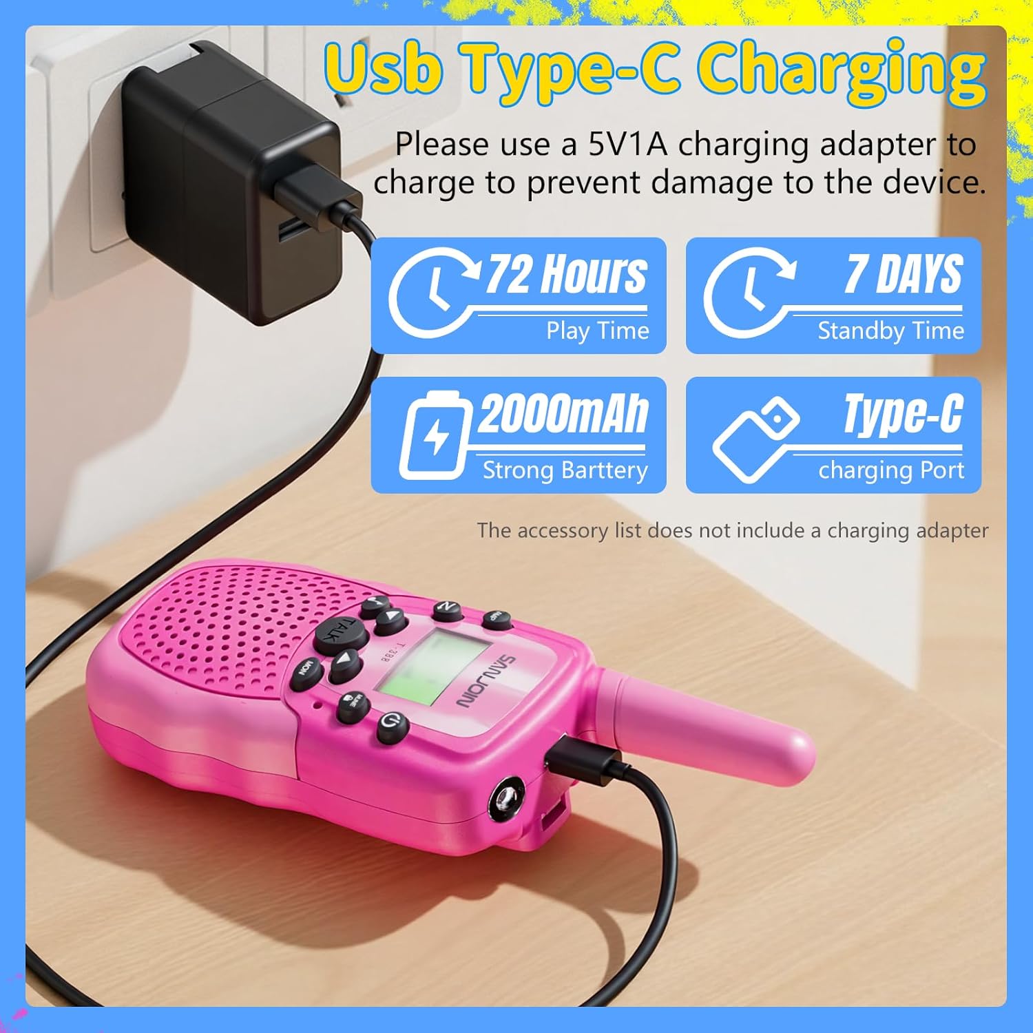SANJOIN Kids Rechargeable Walkie Talkies, Outdoor Toys for Girls Boys Ages 4-6, Pink Walkie Talkie 2000 mAH Last 3-4 Days for Outdoor & Camping, Birthday Gifts for Girls 3 4 5 6 7 8 9, Ages 7-12