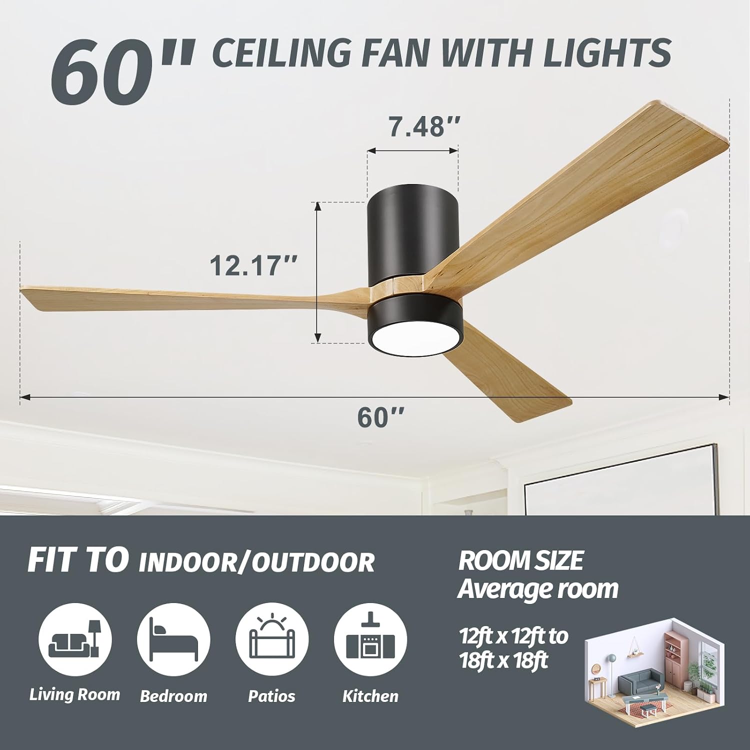 Diagram showing the dimensions of the 60-inch ceiling fan: 60 inches wide, 12.17 inches high, and a motor housing diameter of 7.48 inches. Also indicates suitability for indoor/outdoor use in living rooms, bedrooms, patios, and kitchens, for average room sizes of 12ft x 12ft to 18ft x 18ft.