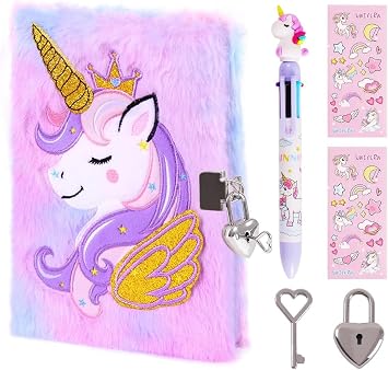 ENYILEE Unicorn Diary with Lock for Girls,Cute Plush Journal Notebook Set for Kid with Stickers,Fluffy Secret Notebook for Writing and Drawing Gifts for Girls ages 6-8