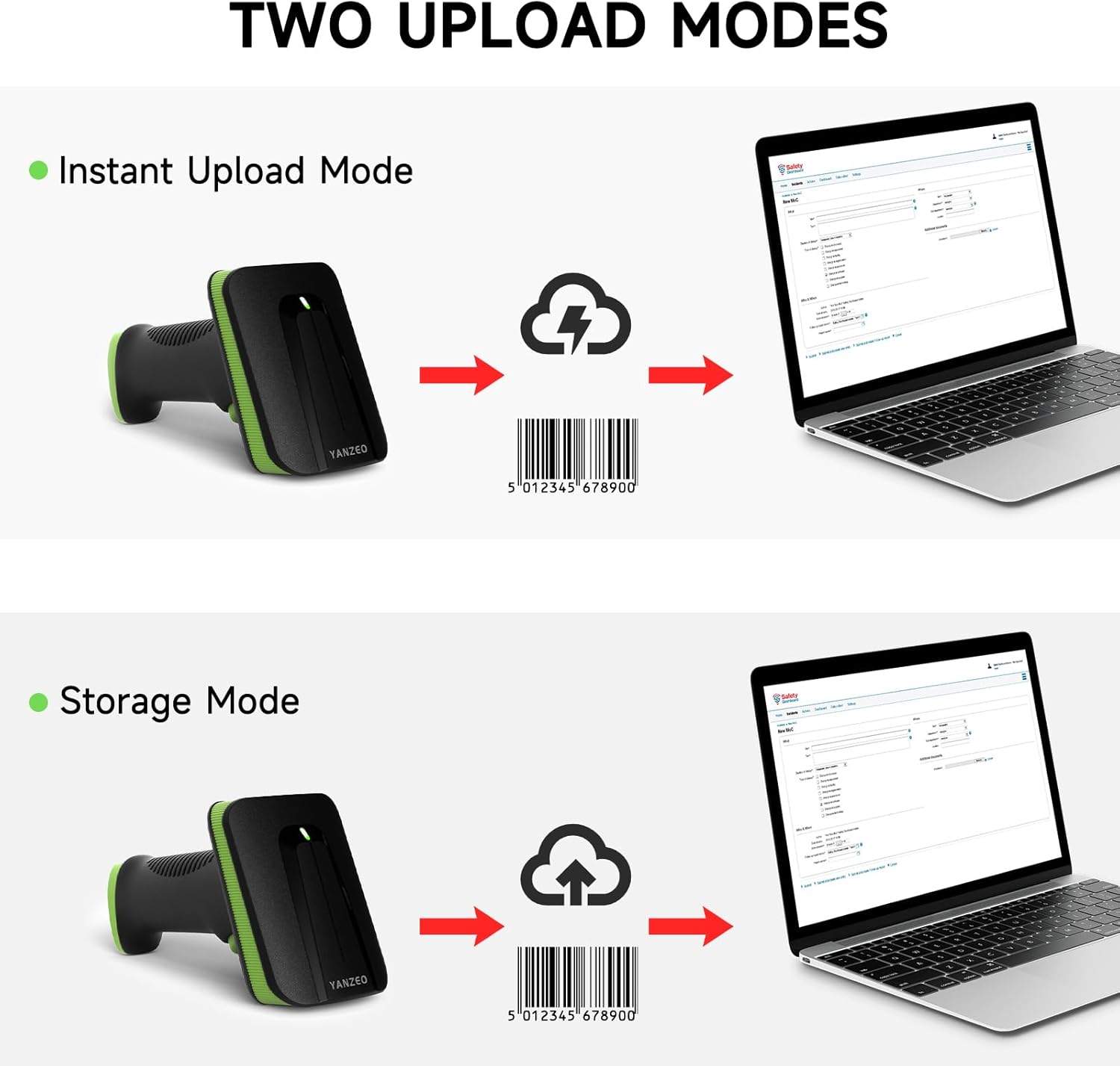 Diagram showing Instant Upload Mode and Storage Mode for barcode data