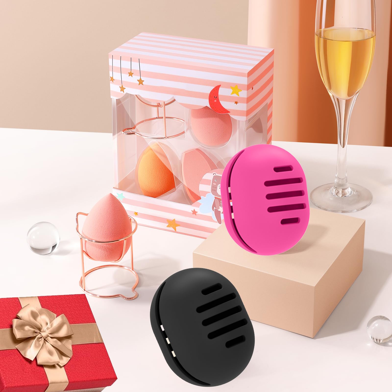 Fauxomor 2pz Custodia Spugna per Trucco Doppia Faccia Traspirante per Viaggio,Porta Spugna in Silicone per Beauty Makeup Blender,Riutilizzabile Facile Trasportare,Nero+Rosso Rosa