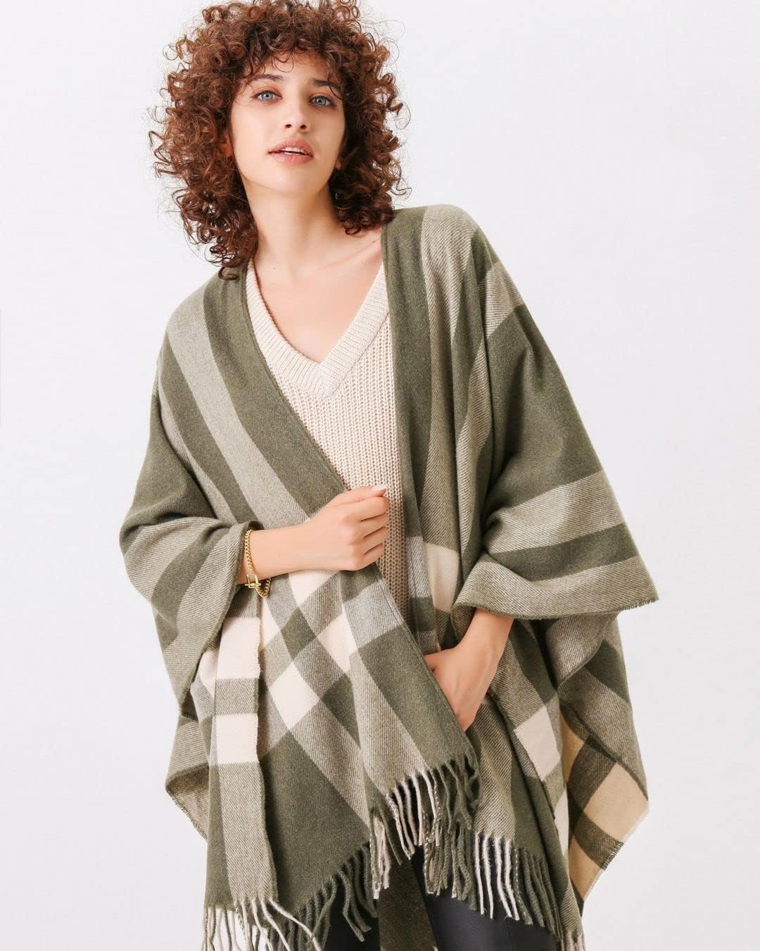 Moss Rose Women's Travel Plaid Shawl Wrap Open Front Poncho Cape for Fall Winter - Image 5