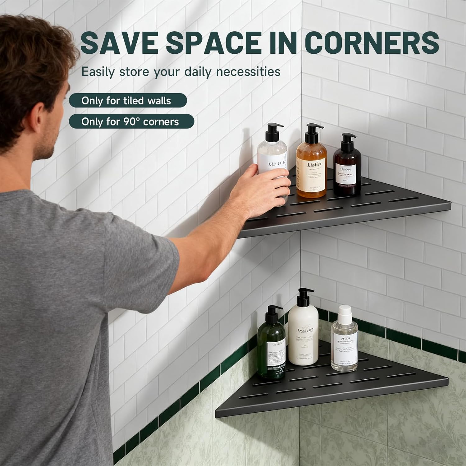 10" Corner Shower Shelf, 304 Stainless Steel Slot Design Bathroom Shower Shelf, Recessed Corner Shelves for Tiled Wall, Matte Black, 2 Pack