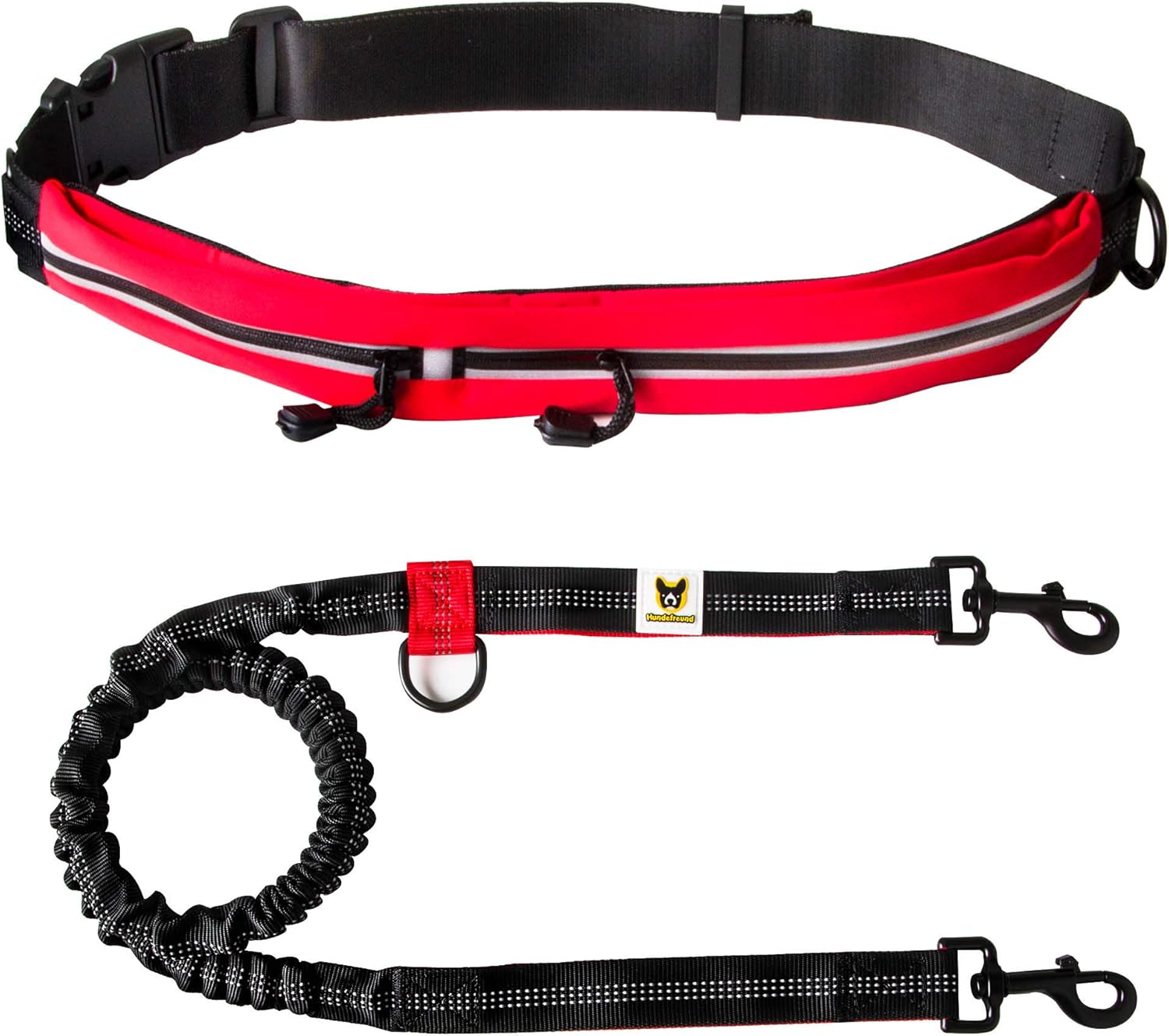 Hundefreund Hands-Free Dog Leash for Medium and Large Dogs (30-150 lbs) – Shock Absorbing Bungee Running Leash with Waist Belt, Dual Handle, Reflective Design for Training, Hiking & Walking (Red)