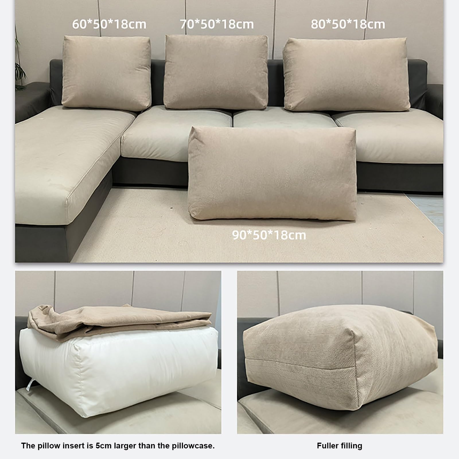 Rückenkissen mit Rechteckig & Dick Design, Lesekissen/Sofakissenaus Chenille, Waschbar mit Reißverschluss, für Schlafzimmer, Wohnzimmer, Tatami, Couch & Bett(Milk Tea,90 x 50 x 18cm)