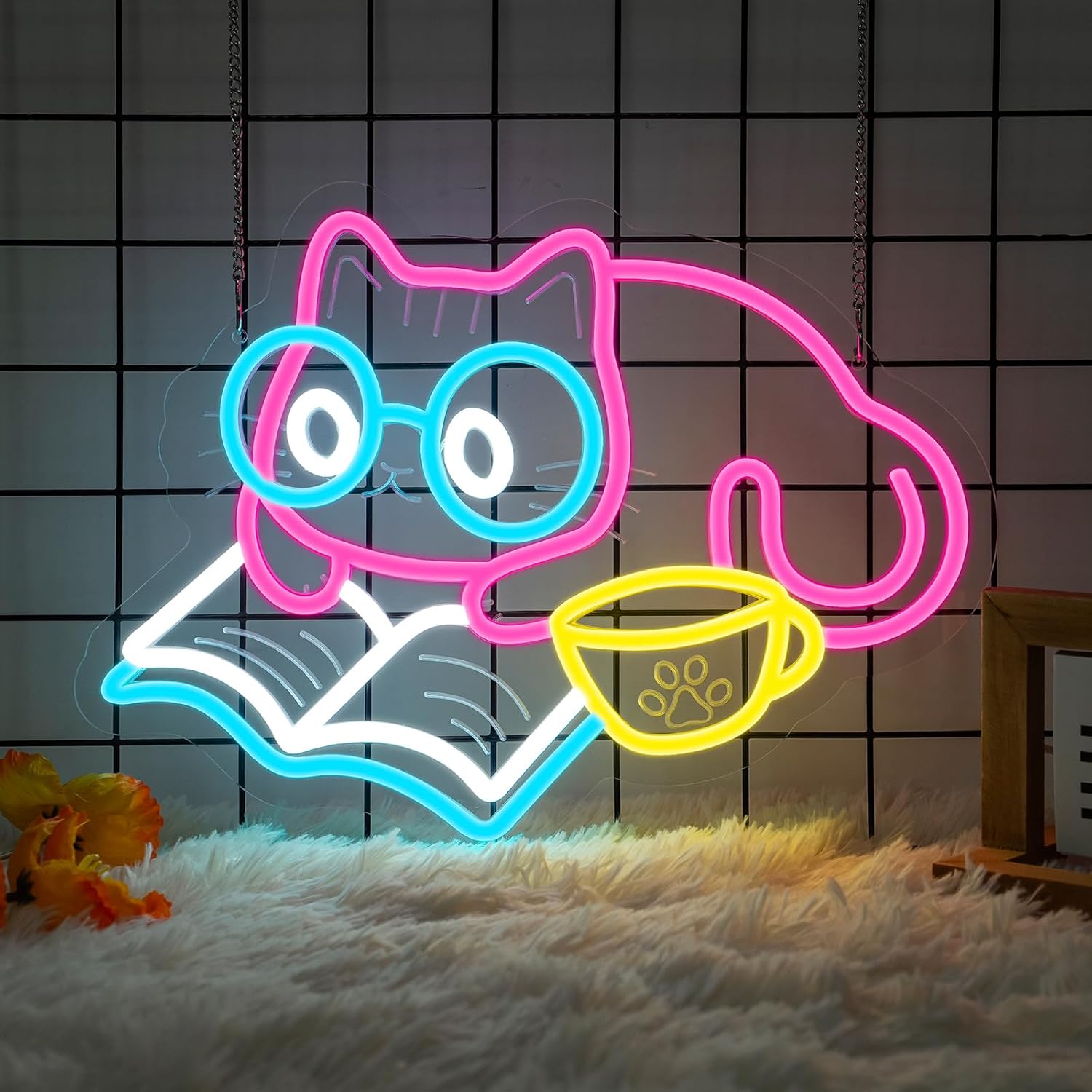 Cat Reading Book Neon Sign, Adorable Cat Neon Light for Bookstore Library Classroom Bedroom Wall Decor, USB Dimmable LED Sign Party Birthday Gift for Girls Students Book Lovers