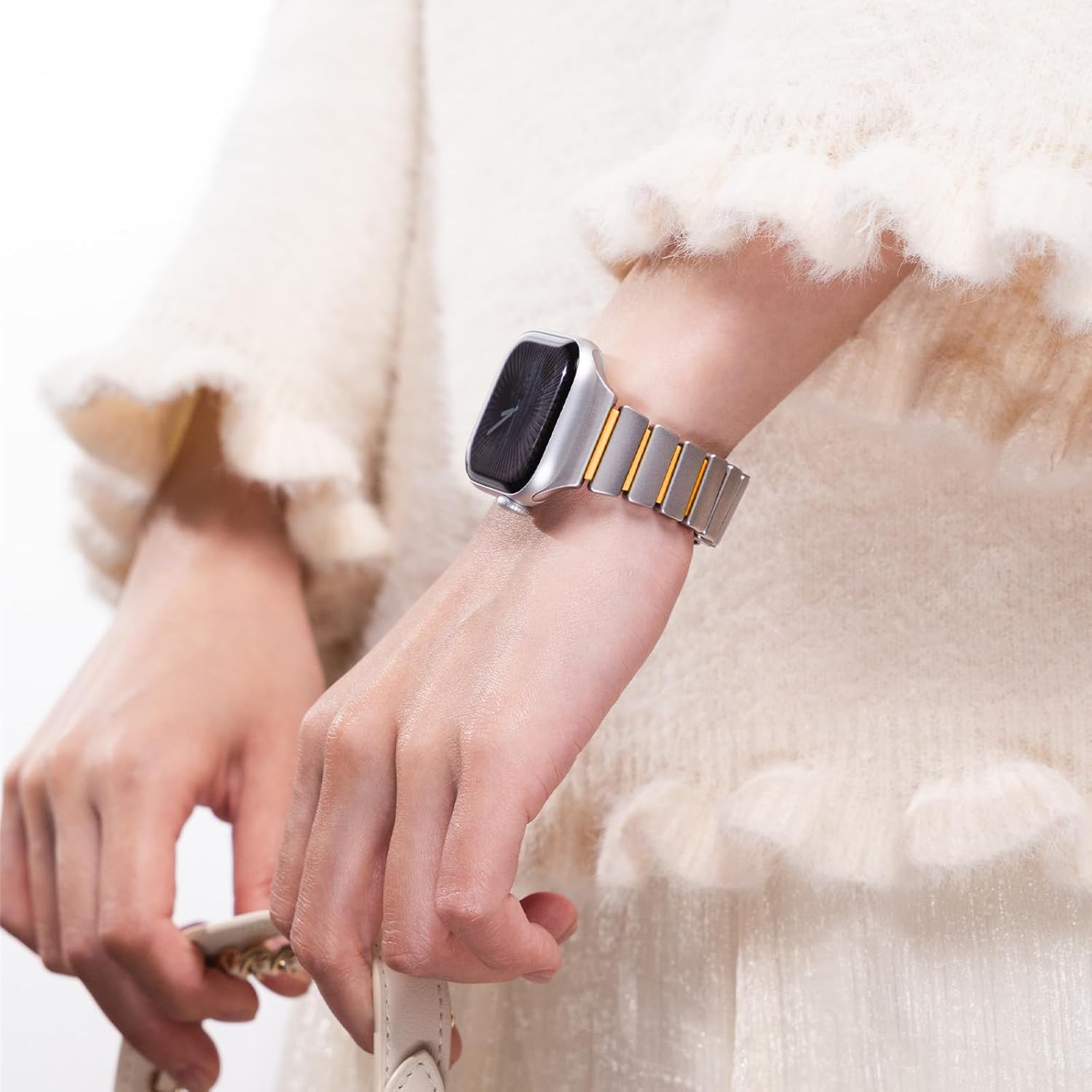 Magnetic Slim Metal Band Compatible with Apple Watch Bands for Women Series 11 10 46mm 45mm 44mm 42mm SE 9 8 7 6 5 4 38mm 40mm 41mm 3/2/1,Luxury Stainless Steel Strap Silicone Link For iwatch