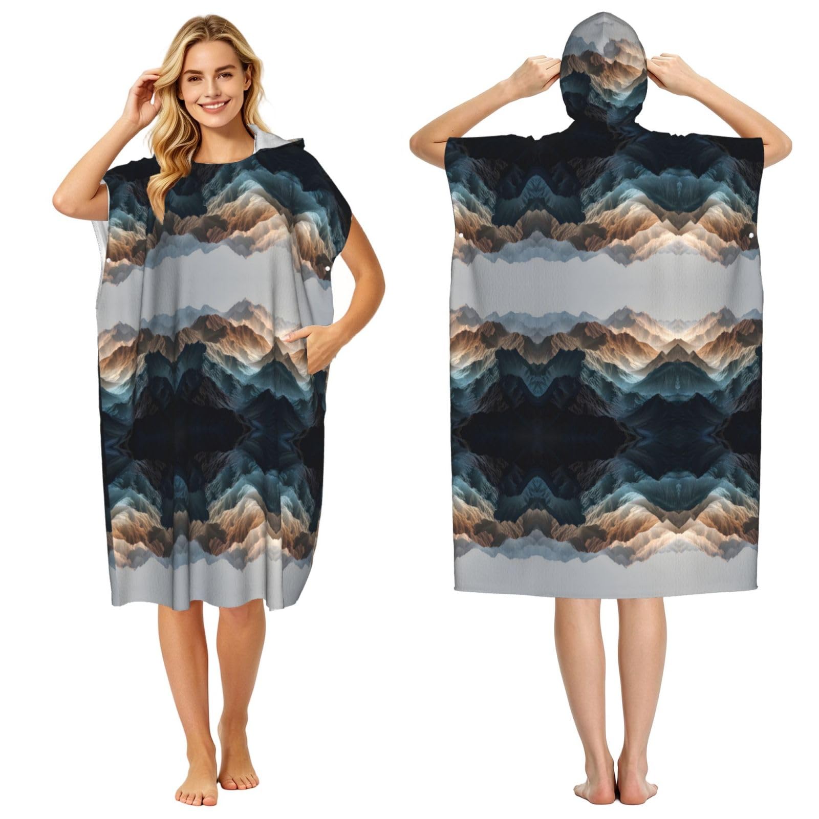 Poncho à capuche en microfibre imprimé montagne pour le surf et la natation