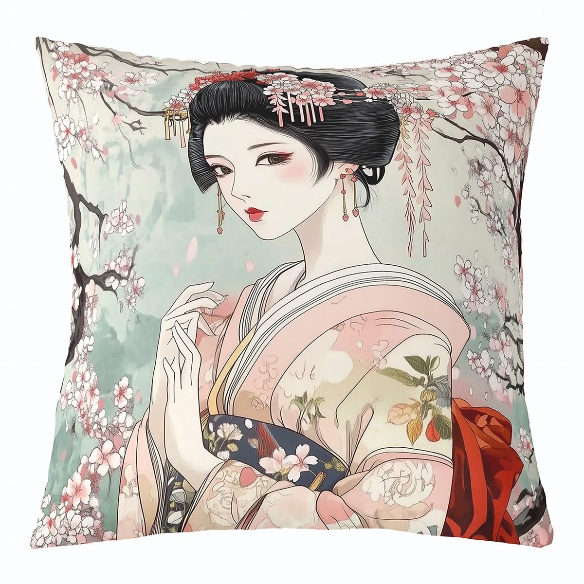 Homemissing Kids Japanese Geisha Girl Throw Pillow Covers 40x40cm 1Pcs Cherry Blossoms Decor Pillow Case Pillowcase Japanese Style Cushion Cover Japanese Tradition Aesthetic Outdoor Pillows Covers