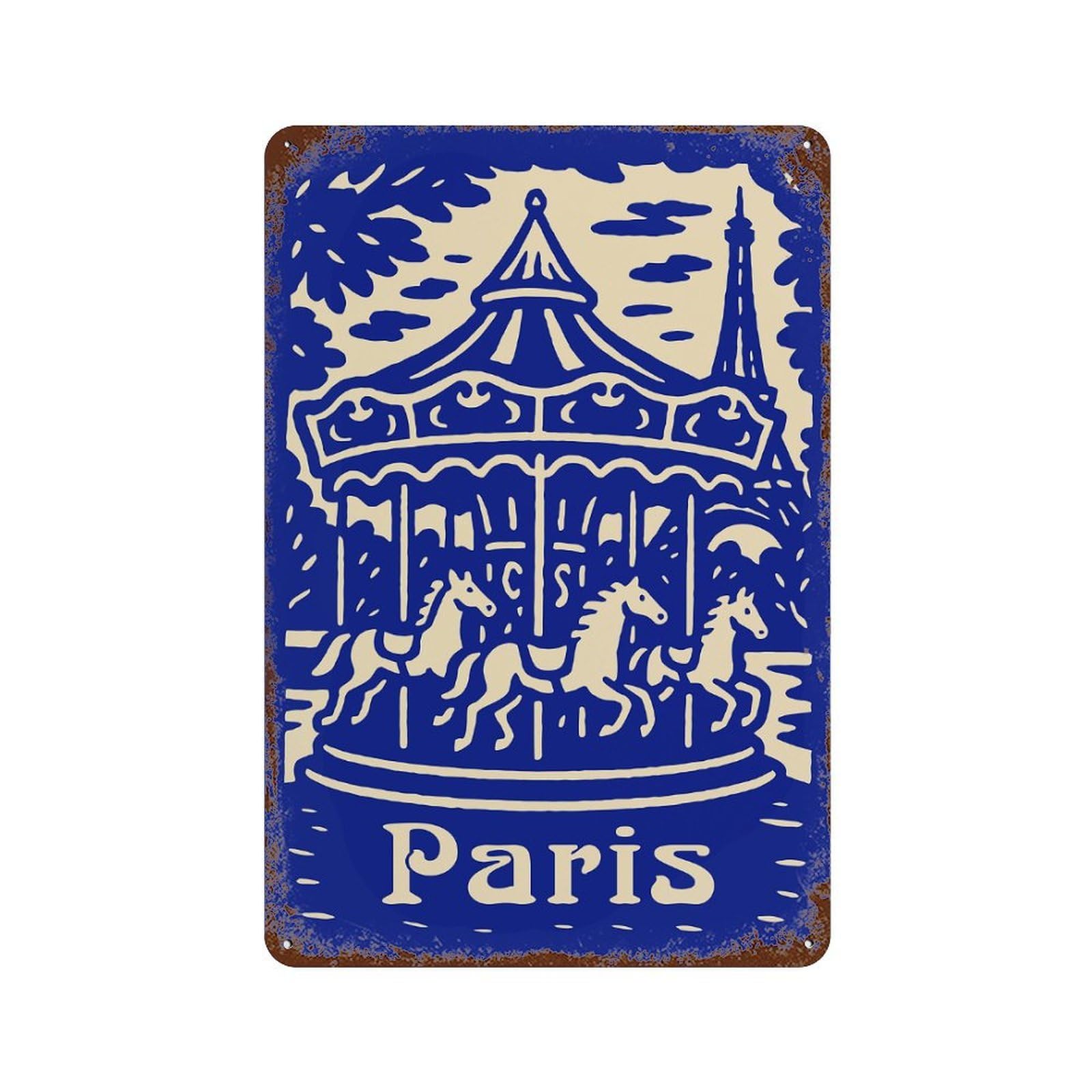 Vintage Rust Metal Sign with Paris Carousel Illustration Design 11.8"x7.9", for Shed, Workshop And Garage Wall Decor, Retro Wall Decor