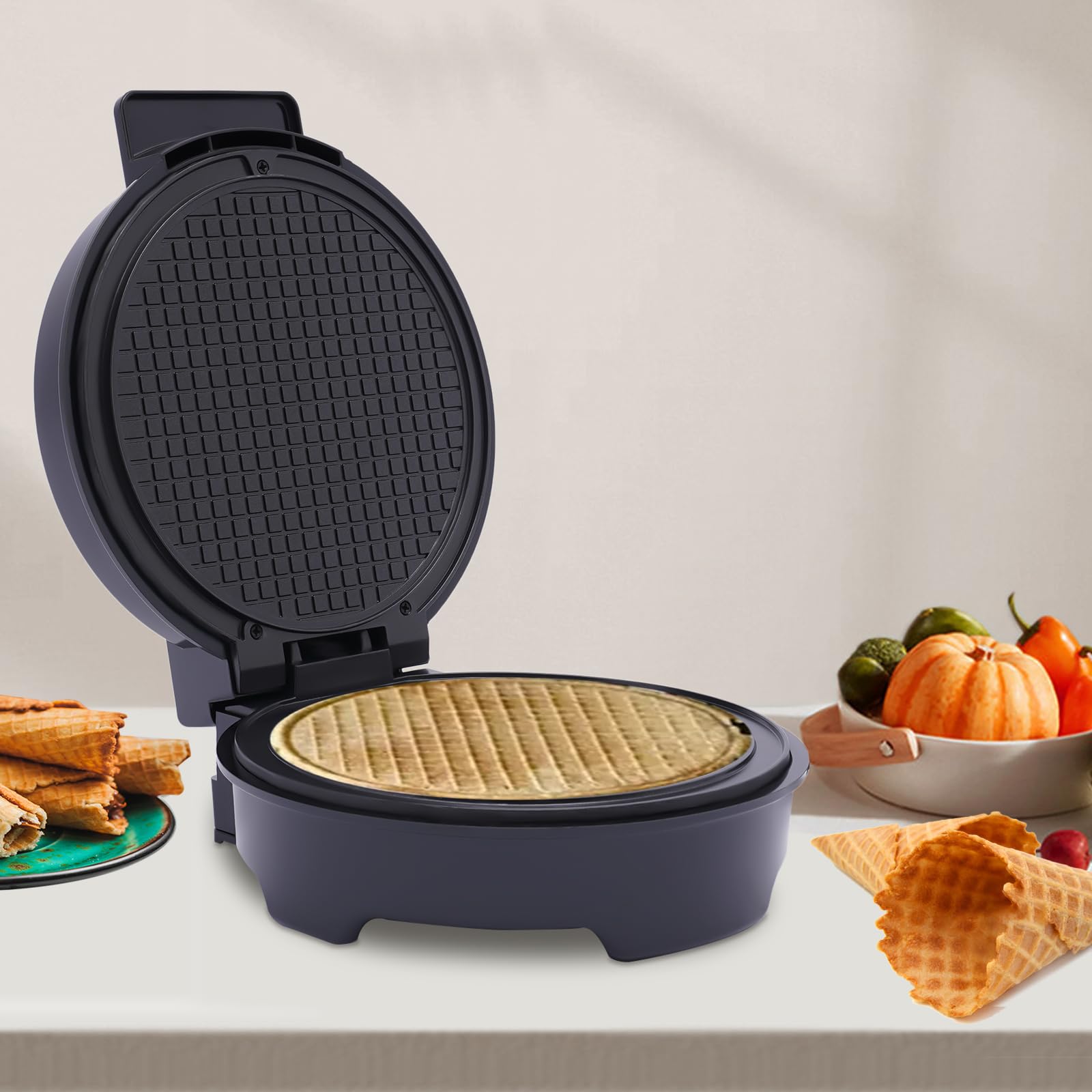 Gofrera eléctrica de 1200 W, 220 – 240 V, redonda, para helados, con cuernos, para helados, para hacer gofres de helado, bolsas de gofres