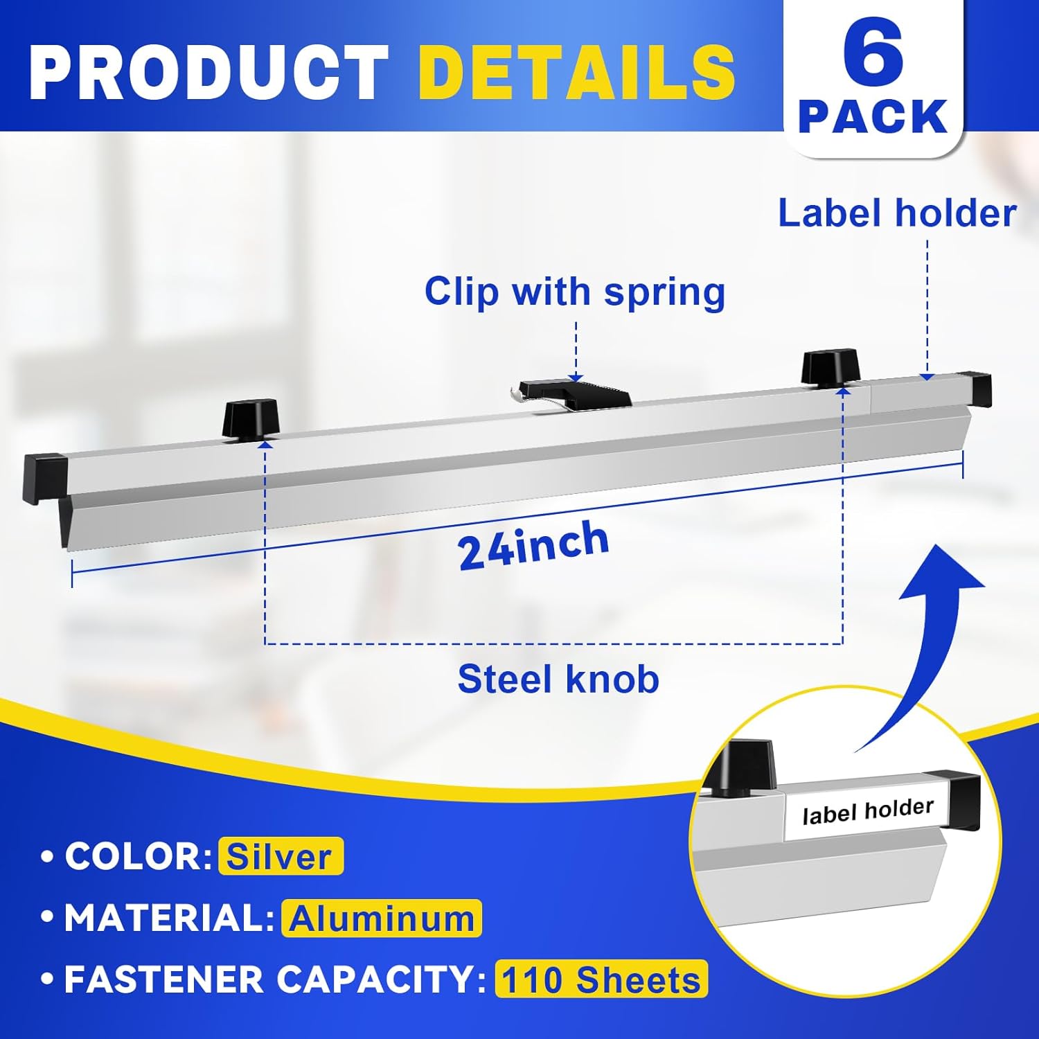 Blueprint Hanging Clamps (6p 24inch) Holder Aluminum Print Rack Adjustable with Black Wing Knob Nuts Drafting Supplies Blueprint Poster Chart Include Transparent Label Clip Storage Organizer 24inch 6P