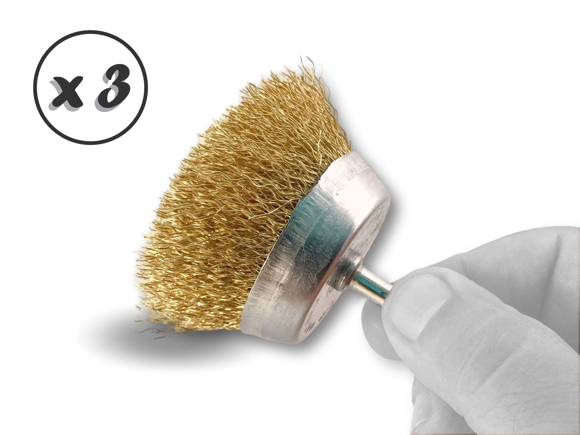 Metalowa szczotka obrotowa do cięcia Ø 75 mm | Zestaw 3 | Na pręcie Ø 6 mm | Drut mosiężny Ø 0,30 mm twardy | Do wiertarki lub wkrętarki z uchwytem | Kibros 2575LTx3